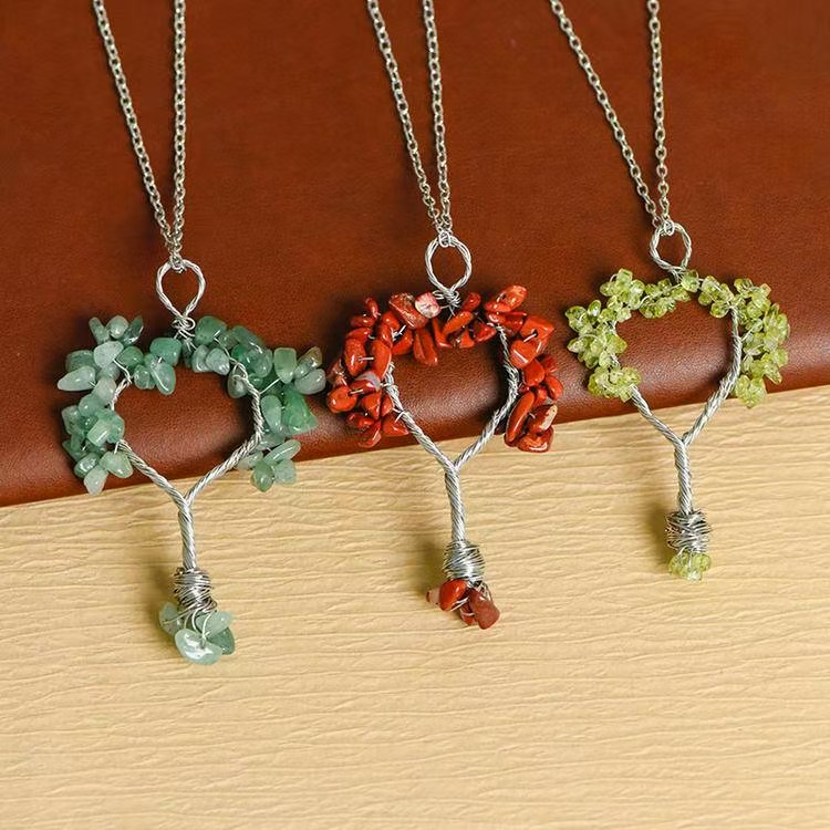 Handmade Wire Wrapped Crystal Stone Tree Pendant - Chakra Healing Decor