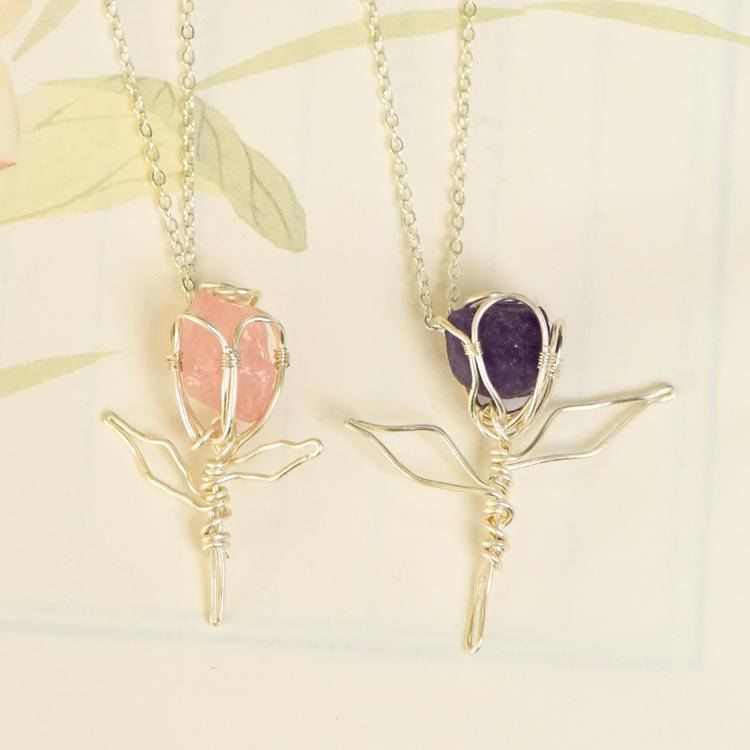 Raw Stone Silk-Carved Rose Pendant | Natural Rough Diamond & Filigree Necklace