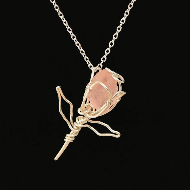 Raw Stone Silk-Carved Rose Pendant | Natural Rough Diamond & Filigree Necklace