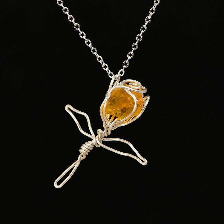 Raw Stone Silk-Carved Rose Pendant | Natural Rough Diamond & Filigree Necklace