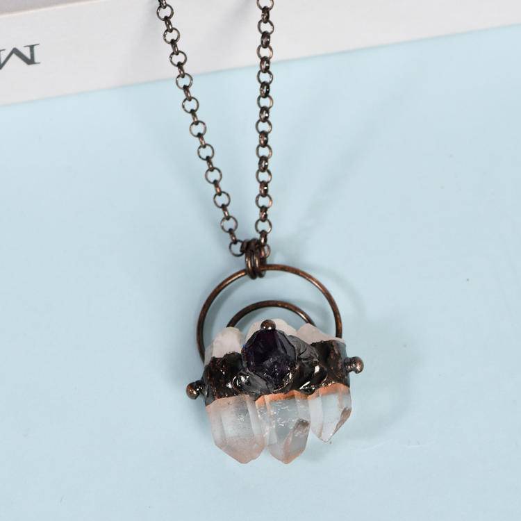 Vintage Irregular White Crystal Bar Pendant | Natural Triple Quartz Rod Necklace
