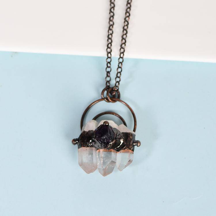 Vintage Irregular White Crystal Bar Pendant | Natural Triple Quartz Rod Necklace