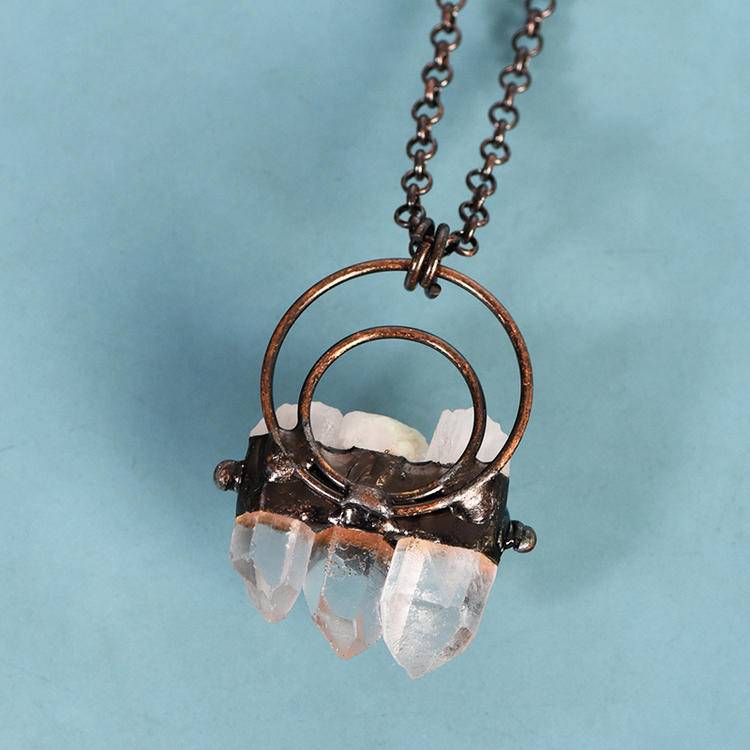 Vintage Irregular White Crystal Bar Pendant | Natural Triple Quartz Rod Necklace