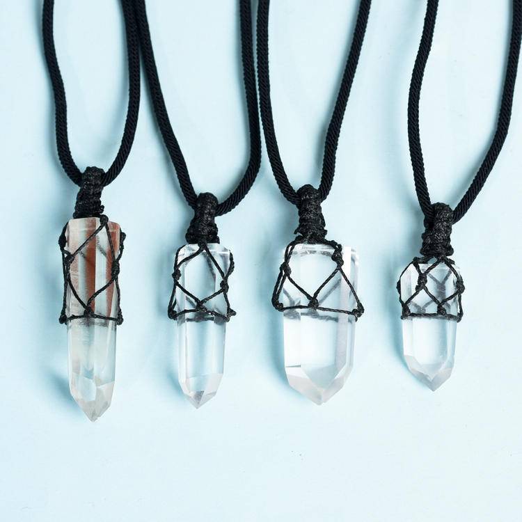 Hand-Braided Natural White Crystal Point Pendant | Raw Quartz Cluster Necklace