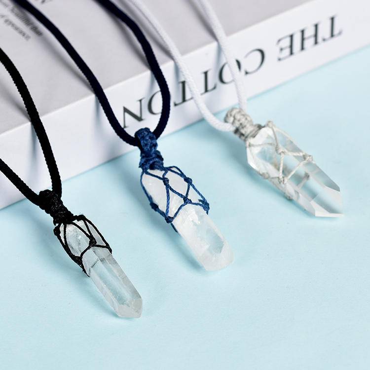 Hand-Braided Natural White Crystal Point Pendant | Raw Quartz Cluster Necklace