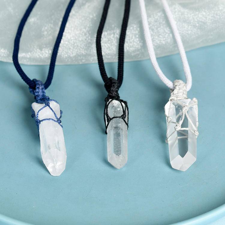 Hand-Braided Natural White Crystal Point Pendant | Raw Quartz Cluster Necklace