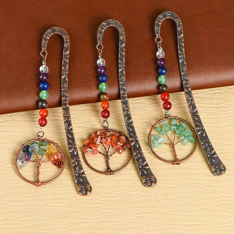 Rainbow Crystal Chips Life Tree Bookmark - Natural Stone Book Marker for Good Luck