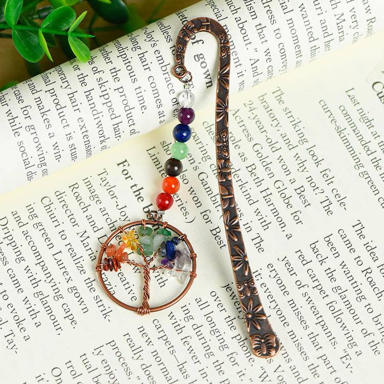 Rainbow Crystal Chips Life Tree Bookmark - Natural Stone Book Marker for Good Luck