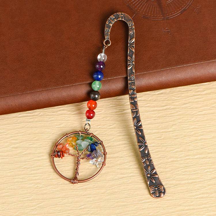 Rainbow Crystal Chips Life Tree Bookmark - Natural Stone Book Marker for Good Luck