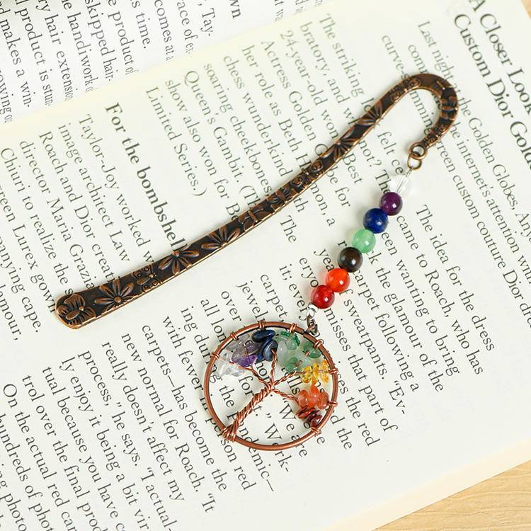 Rainbow Crystal Chips Life Tree Bookmark - Natural Stone Book Marker for Good Luck