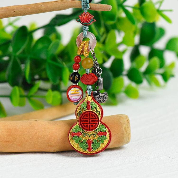Chinese Cinnabar Red Gourd Car Charm - Hand-painted Lucky Keychain Pendant