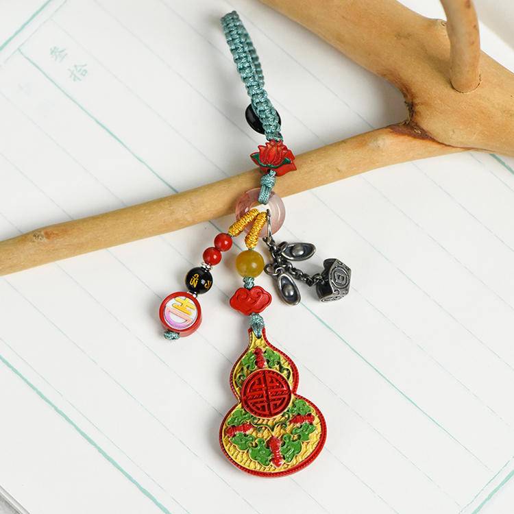 Chinese Cinnabar Red Gourd Car Charm - Hand-painted Lucky Keychain Pendant