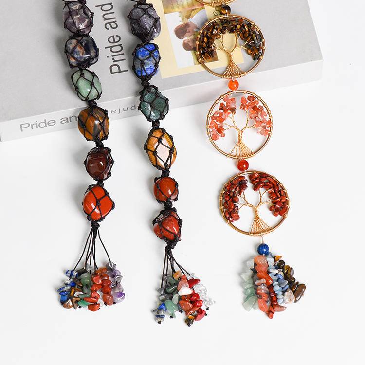 Rainbow Crystal Chips Life Tree Hanging Ornament - Natural Raw Stone Woven Wall Decor
