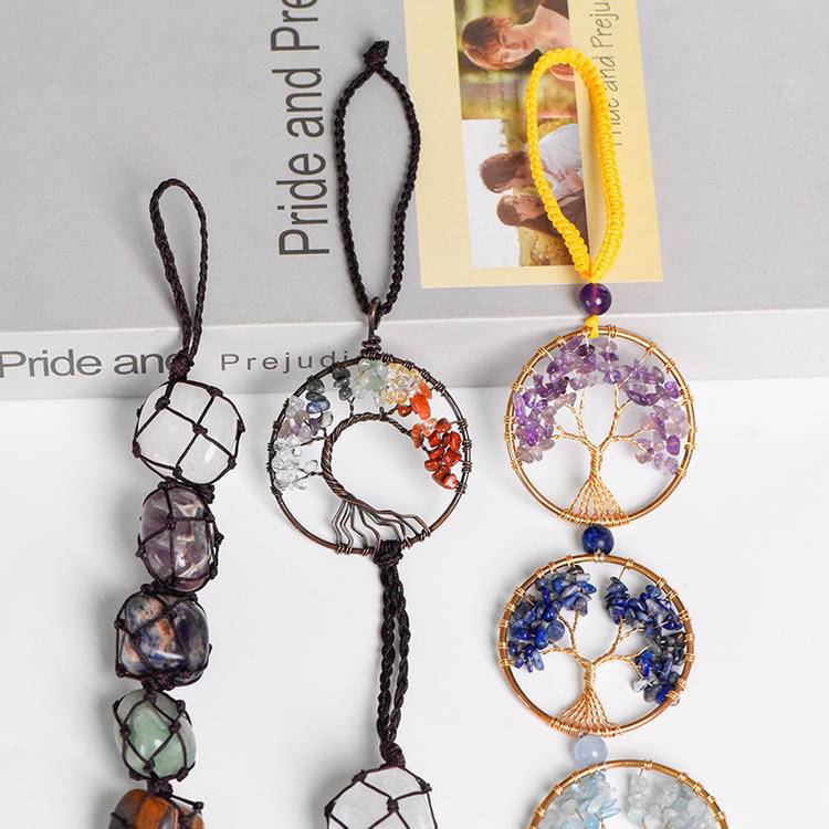 Rainbow Crystal Chips Life Tree Hanging Ornament - Natural Raw Stone Woven Wall Decor