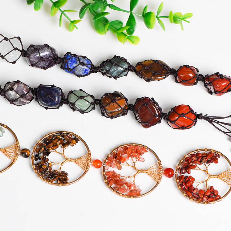 Rainbow Crystal Chips Life Tree Hanging Ornament - Natural Raw Stone Woven Wall Decor