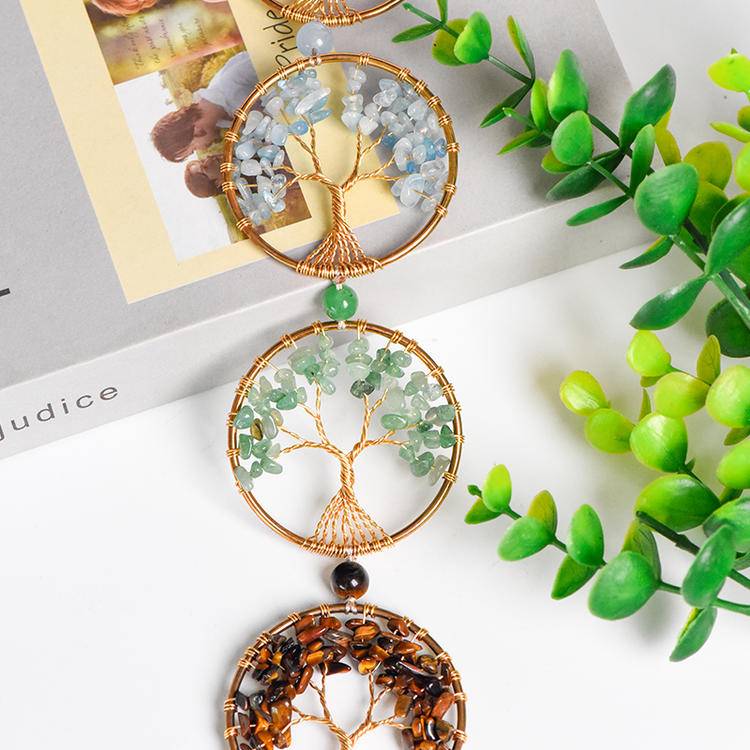 Rainbow Crystal Chips Life Tree Hanging Ornament - Natural Raw Stone Woven Wall Decor