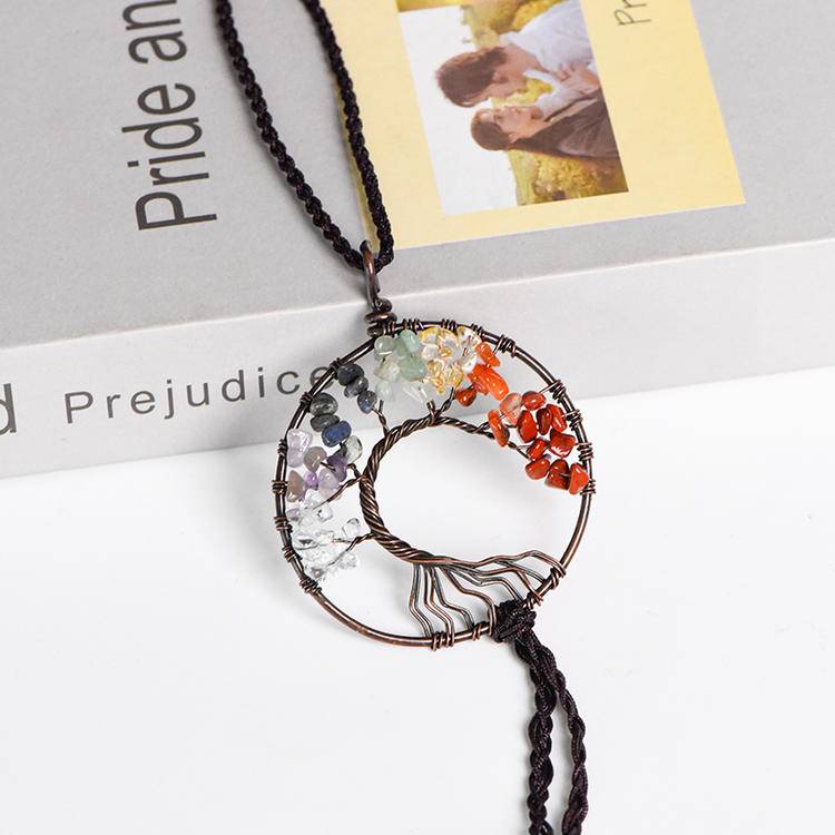 Rainbow Crystal Chips Life Tree Hanging Ornament - Natural Raw Stone Woven Wall Decor