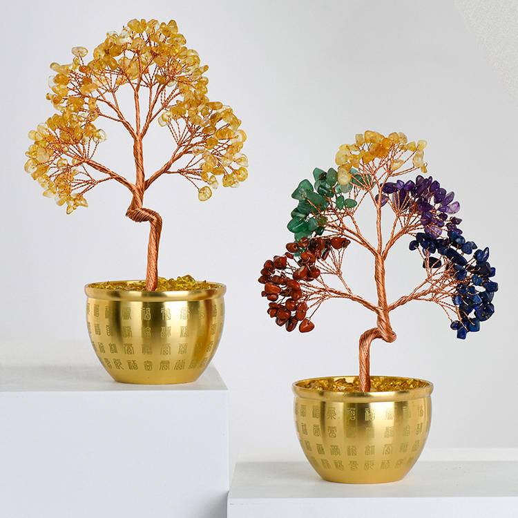 Natural Crystal Gemstone Money Tree -Feng Shui "100 Blessings" Pot, Energy Healing & Space Cleansing Magical Decor
