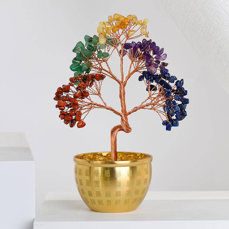 Natural Crystal Gemstone Money Tree -Feng Shui "100 Blessings" Pot, Energy Healing & Space Cleansing Magical Decor