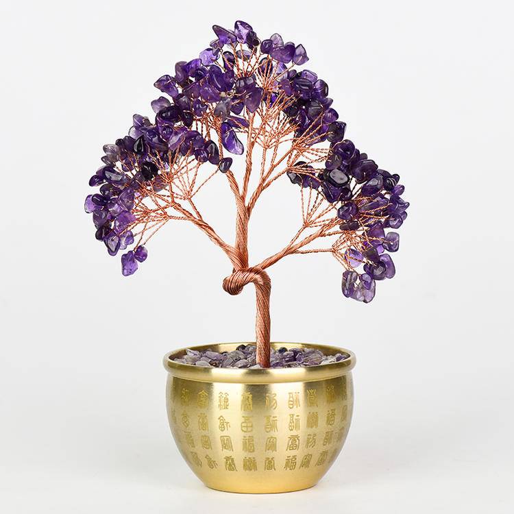 Natural Crystal Gemstone Money Tree -Feng Shui "100 Blessings" Pot, Energy Healing & Space Cleansing Magical Decor