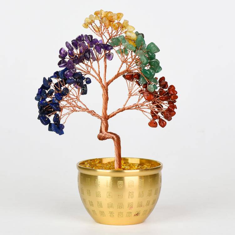 Natural Crystal Gemstone Money Tree -Feng Shui "100 Blessings" Pot, Energy Healing & Space Cleansing Magical Decor