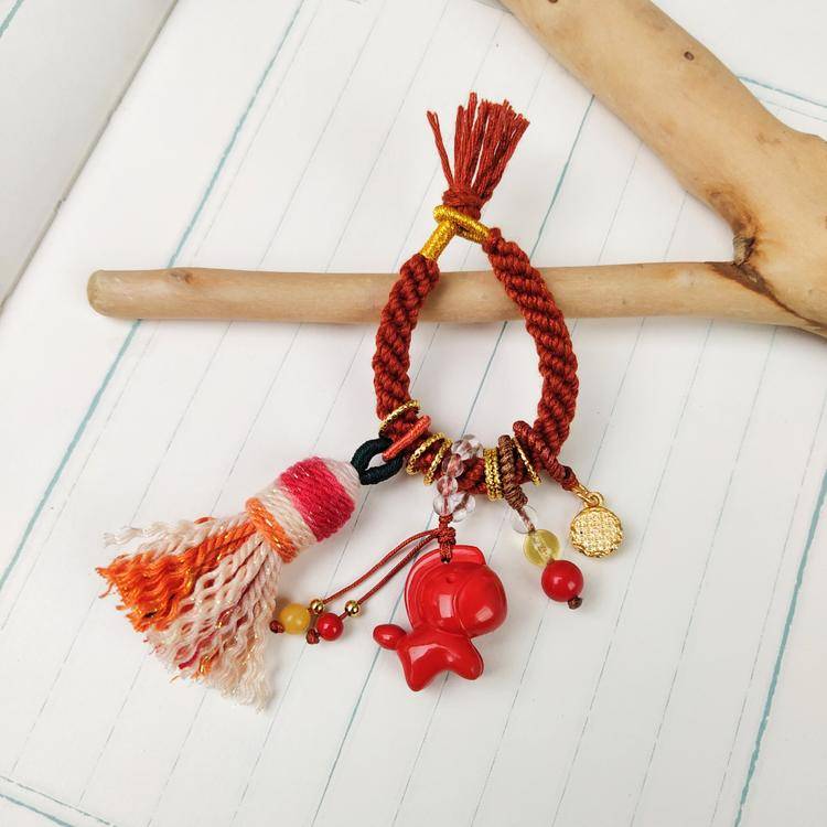 Chubby Pony Cinnabar Keychain | Cute Bag Charm & Carving Pendant