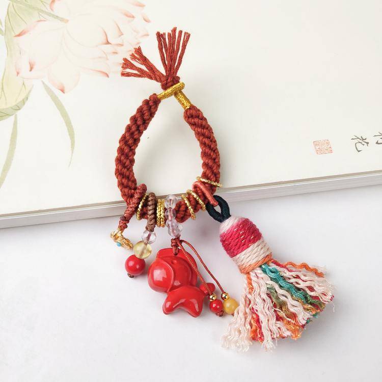 Chubby Pony Cinnabar Keychain | Cute Bag Charm & Carving Pendant