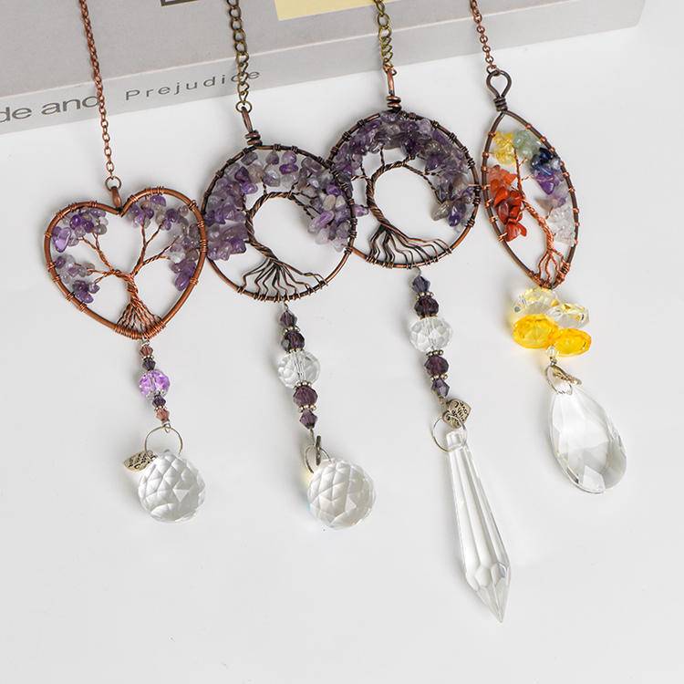 Crystal Chip Tree of Life Pendant - Handmade Natural Stone Healing Jewelry for Spiritual Protection & Chakra Balance