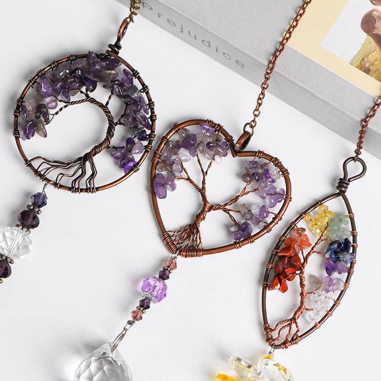 Crystal Chip Tree of Life Pendant - Handmade Natural Stone Healing Jewelry for Spiritual Protection & Chakra Balance